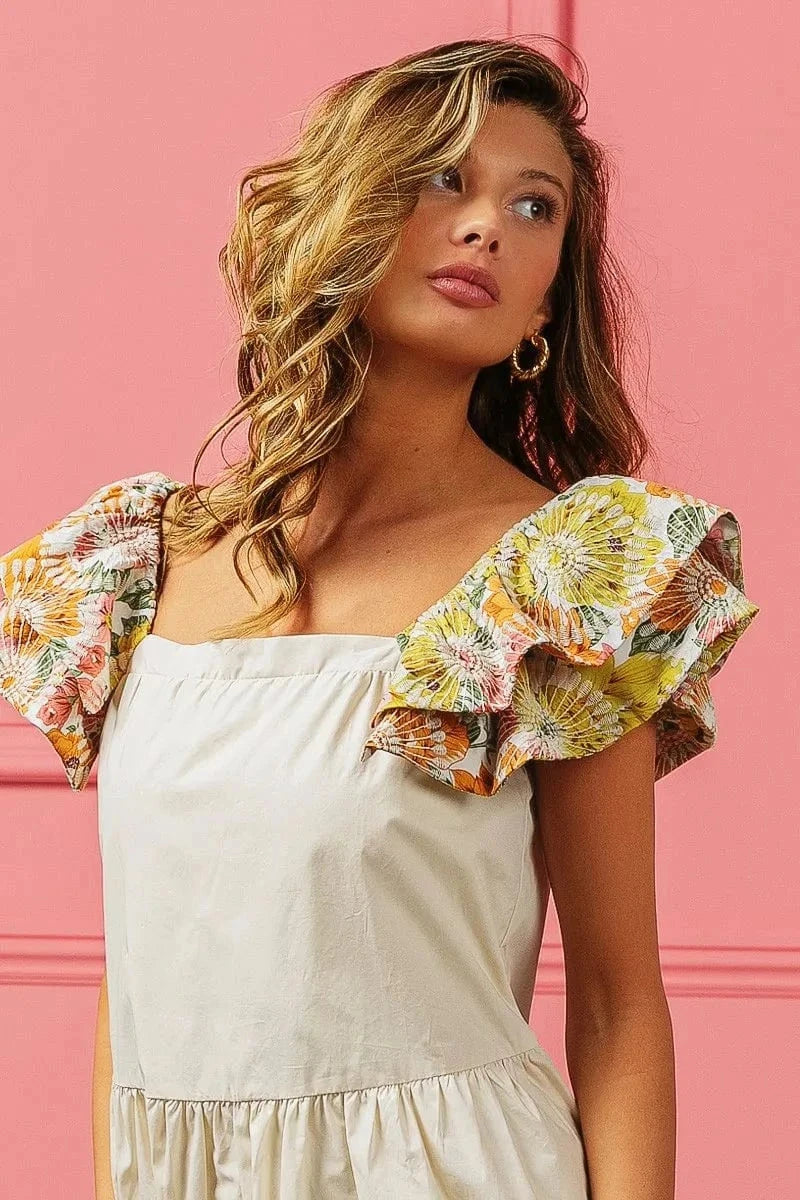 BiBi dresses BiBi Flower Embroidered Floral Print Sleeve Dress