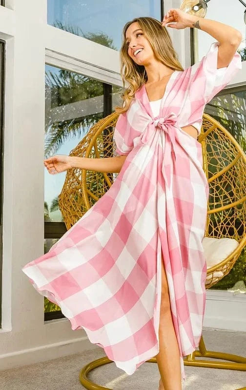 BiBi dresses BiBi Front Tied Puff Sleeve Checkered Dress with Cut Out Detail