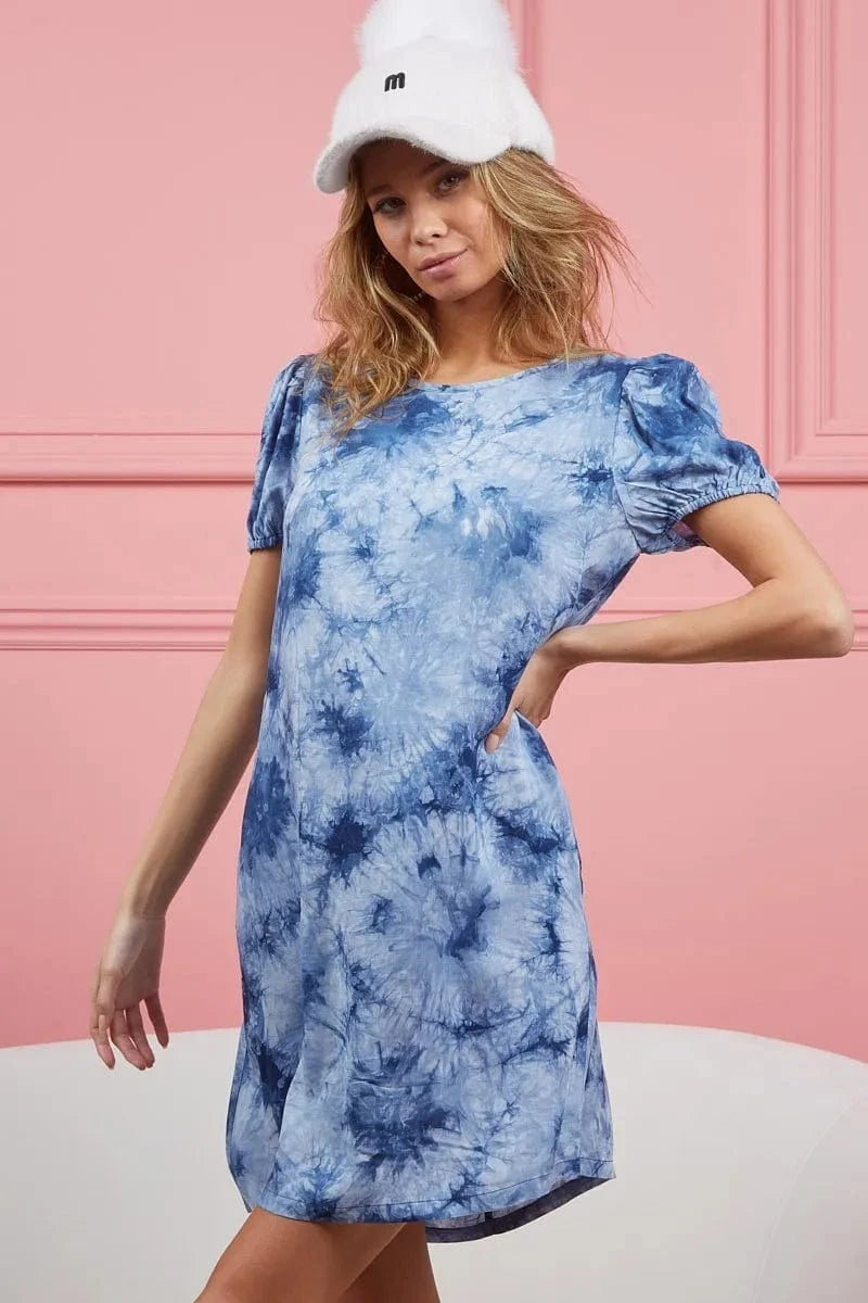 BiBi dresses BiBi Puff Sleeve With Side Pockets Tie Dye Dress