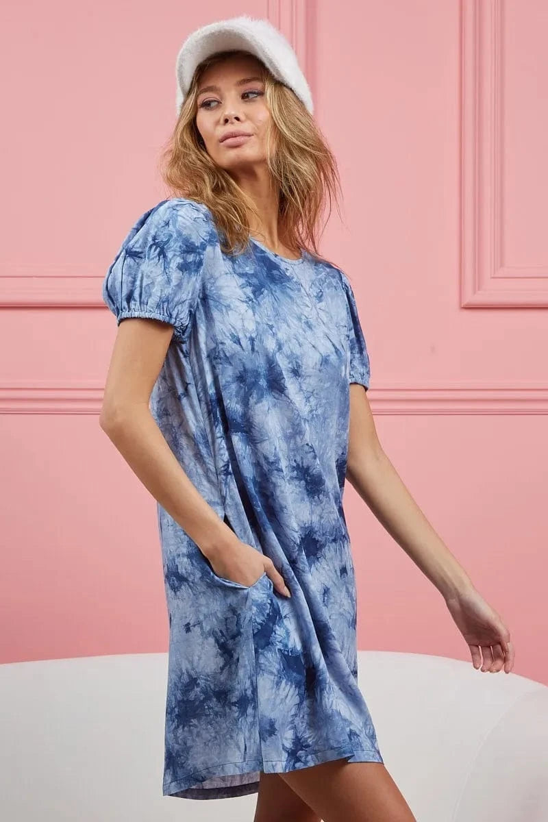 BiBi dresses BiBi Puff Sleeve With Side Pockets Tie Dye Dress