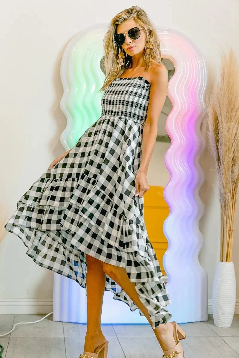 BiBi dresses BiBi Smocked Body Off Shoulder Check Dress