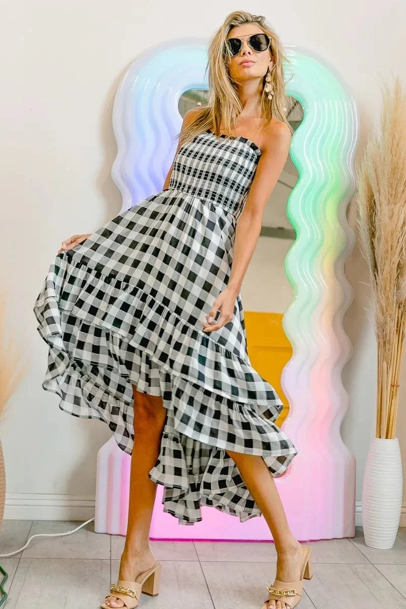 BiBi dresses BiBi Smocked Body Off Shoulder Check Dress