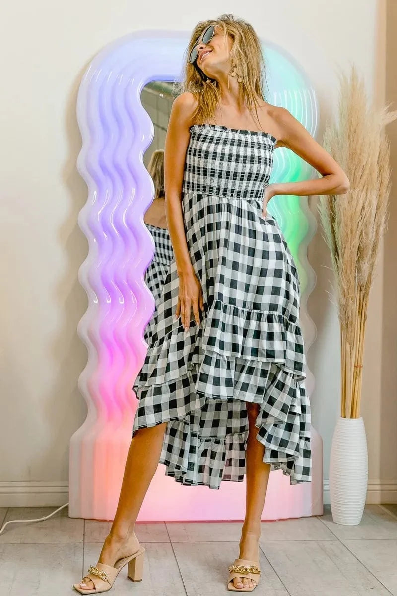 BiBi dresses BiBi Smocked Body Off Shoulder Check Dress