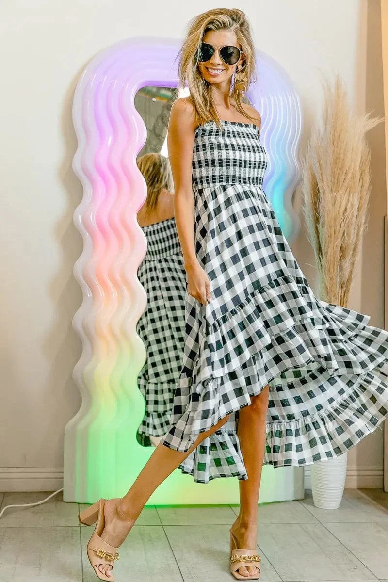 BiBi dresses BiBi Smocked Body Off Shoulder Check Dress