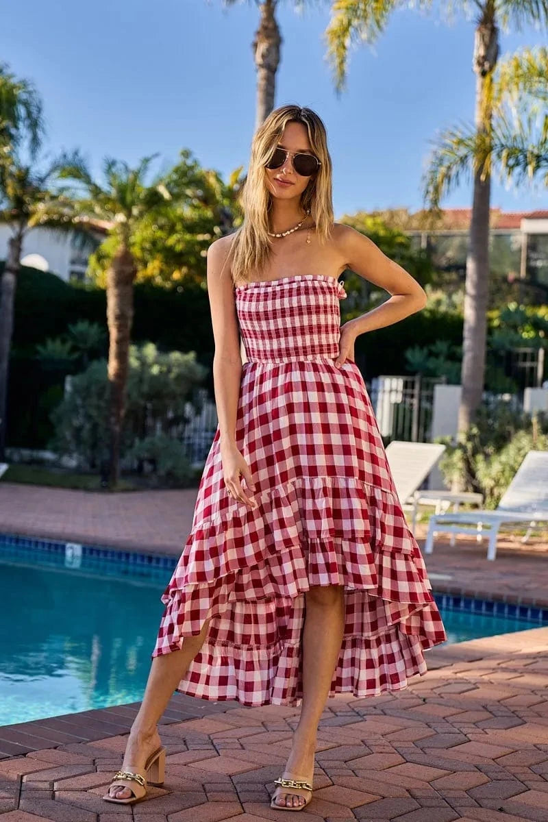 BiBi dresses BiBi Smocked Body Off Shoulder Check Dress