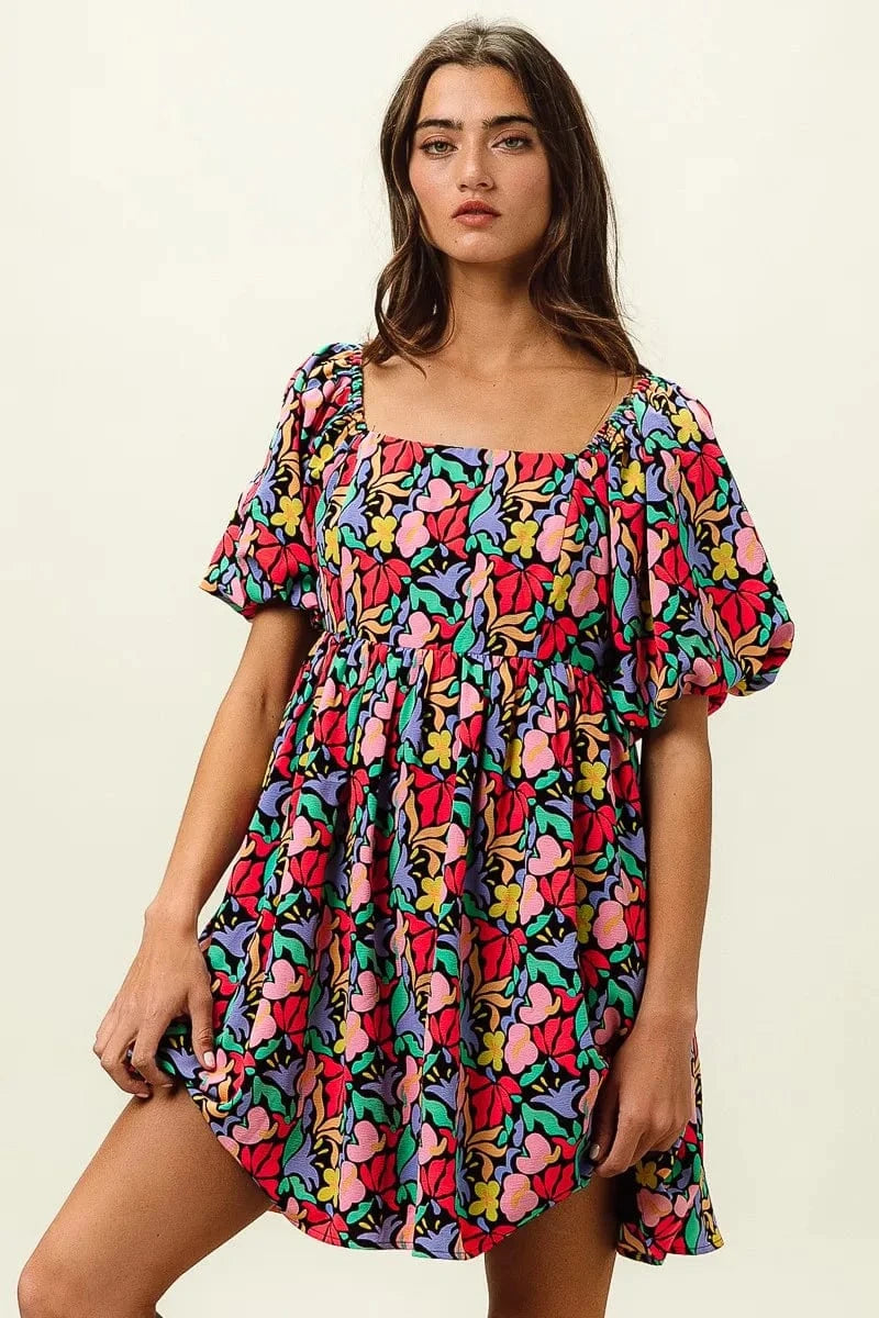 BiBi dresses BLACK MULTI / S BiBi Floral Print Puff Square Neck Dress