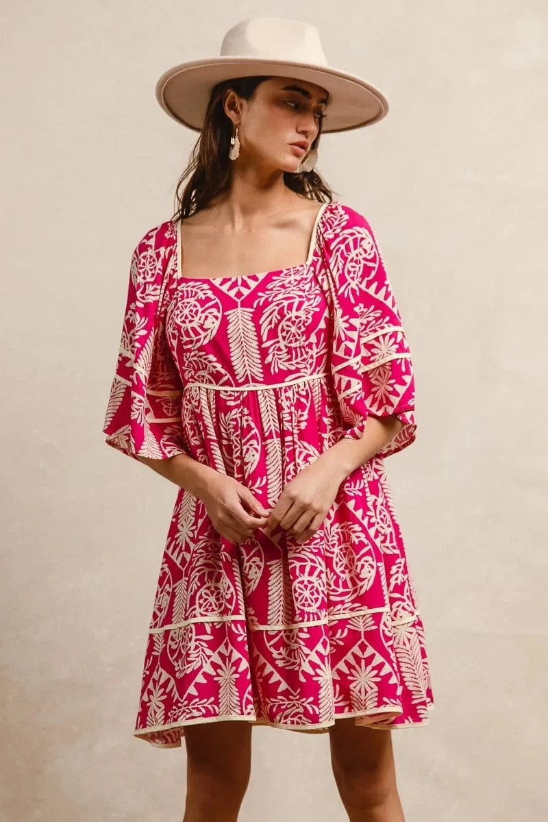 BiBi dresses FUCHSIA / S BiBi Aztec Woven Printed Contrast Binding Dress
