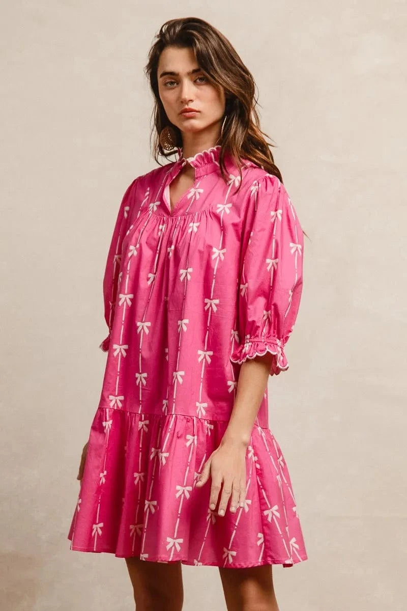 BiBi dresses FUCHSIA / S BiBi Ribbon Patterns With Scallops Edge Details Short Sleeve Dress