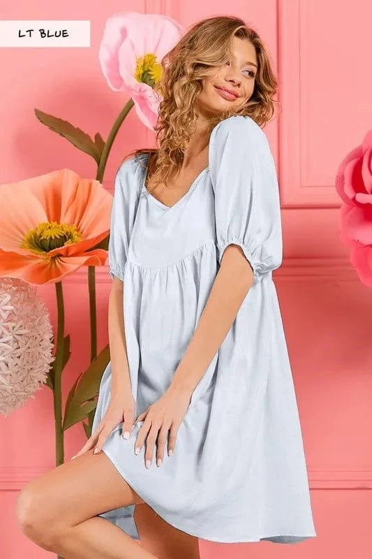 BiBi dresses LT BLUE / S BiBi Washed Linen Tiered Midi Dress with Puff Sleeves