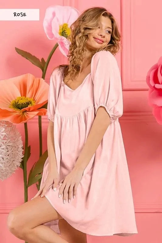 BiBi dresses ROSE / S BiBi Washed Linen Tiered Midi Dress with Puff Sleeves