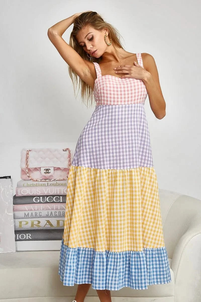 BiBi dresses YELLO/SAGE/BLUE/PURP / S BiBi Color Block Tiered Gingham Dress