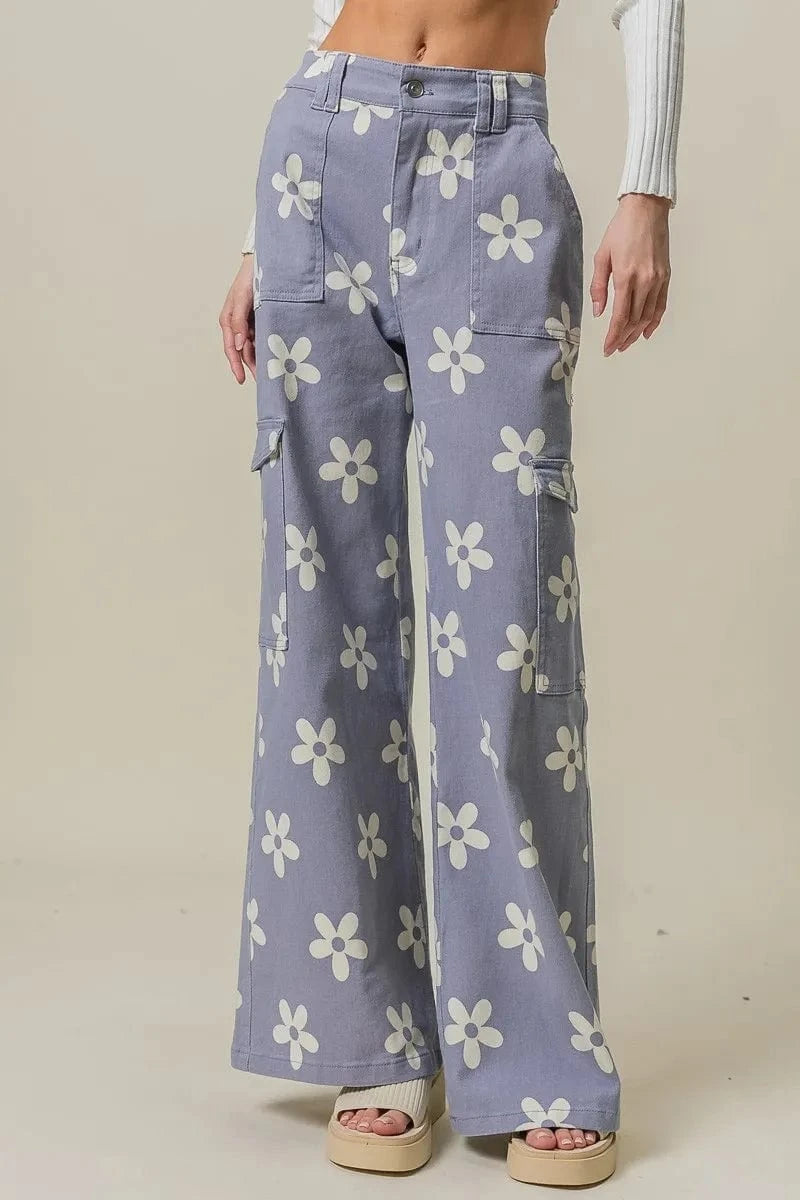 BiBi DUSTY LAVENDER / S BiBi Flower Printed Side Pocket Wide Pants