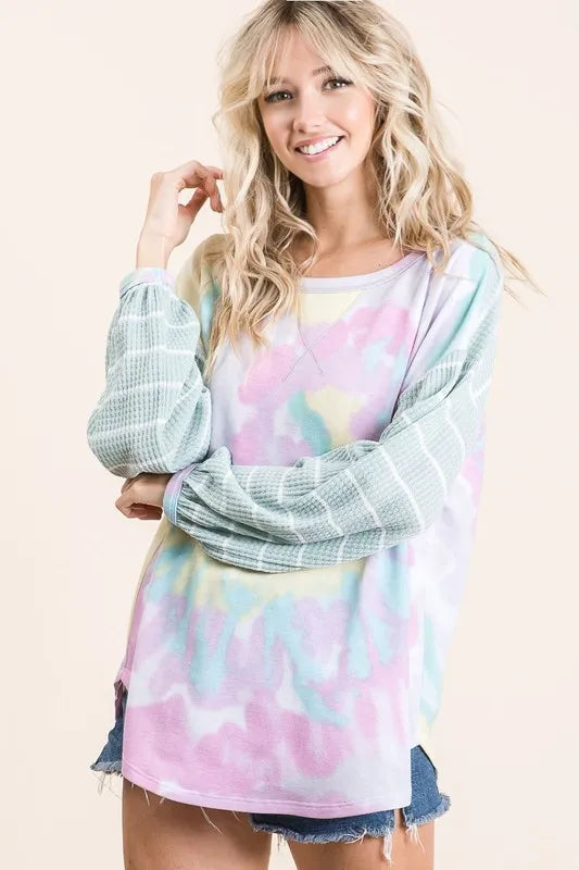 BiBi H.GREY/IVORY / S BiBi Tie Dye Terry Top with Wide Stripe Thermal Waffle
