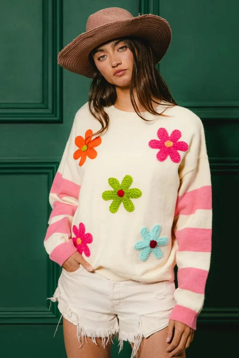 BiBi Knit Tops BiBi Colorful Floral Patched Sweater with Striped Sleeve