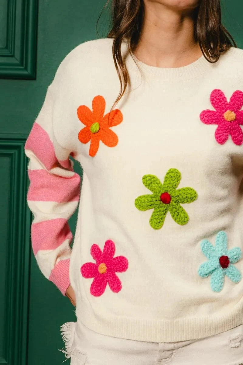 BiBi Knit Tops BiBi Colorful Floral Patched Sweater with Striped Sleeve