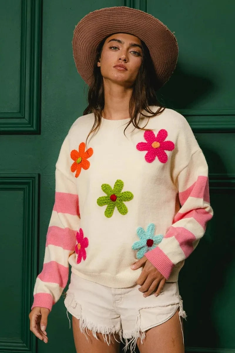 BiBi Knit Tops BiBi Colorful Floral Patched Sweater with Striped Sleeve