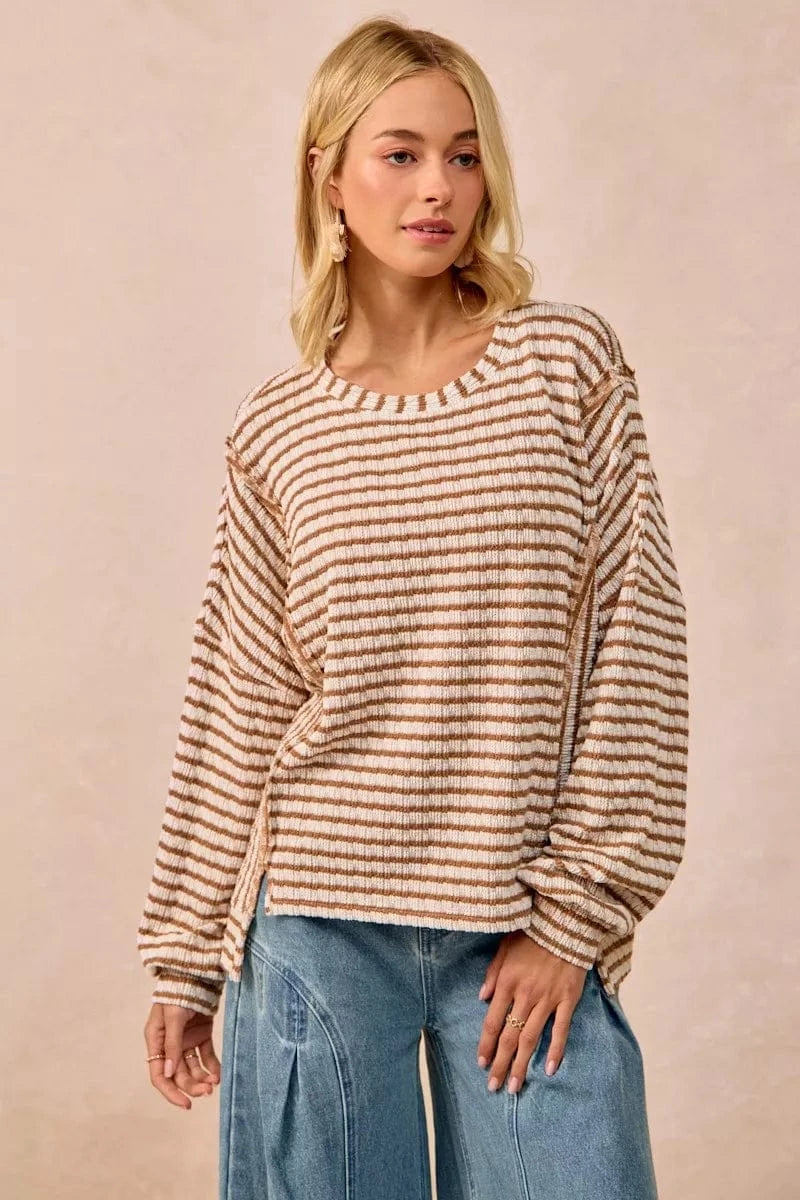 BiBi Knit Tops BiBi Open Seam Detail Textured Stripe Knit Top
