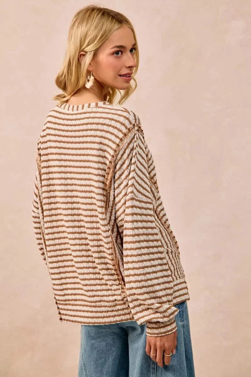 BiBi Knit Tops BiBi Open Seam Detail Textured Stripe Knit Top