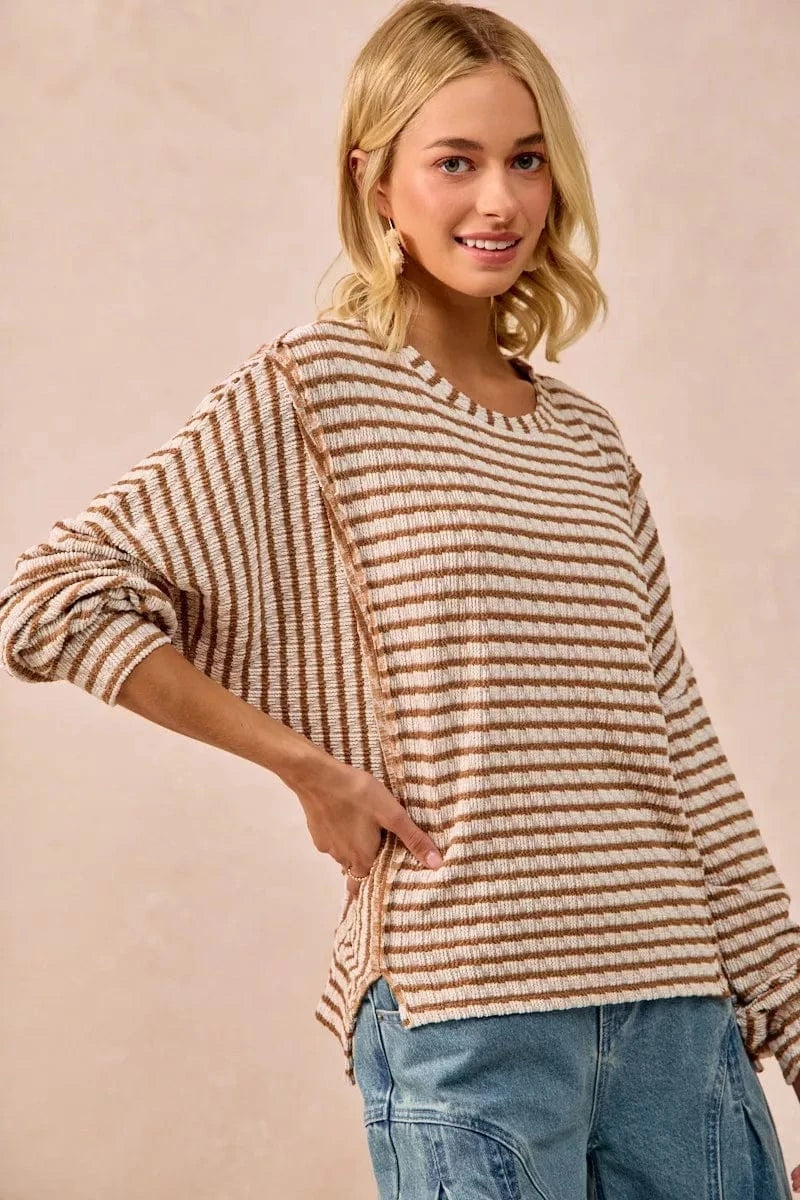 BiBi Knit Tops BiBi Open Seam Detail Textured Stripe Knit Top