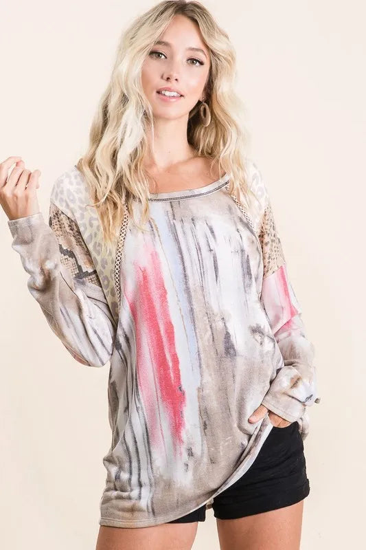 BiBi Knit Tops BiBi Tie Dye Knit Top with Print Block Shoulder