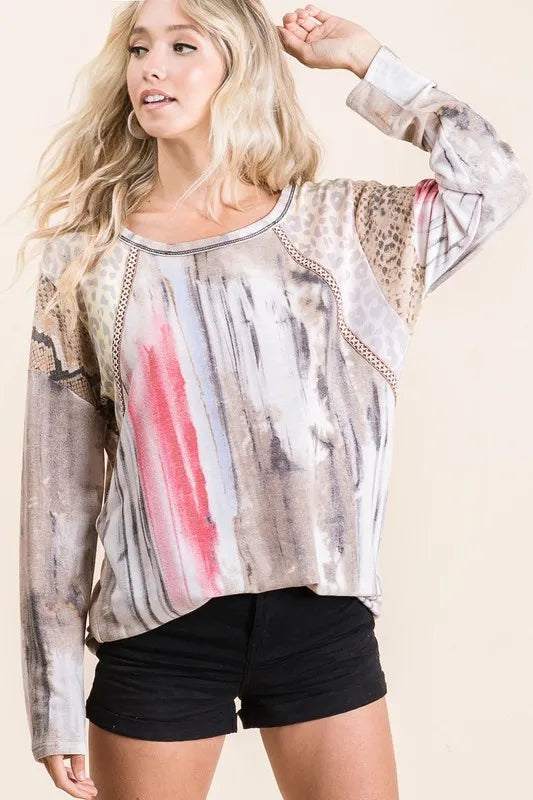 BiBi Knit Tops BiBi Tie Dye Knit Top with Print Block Shoulder