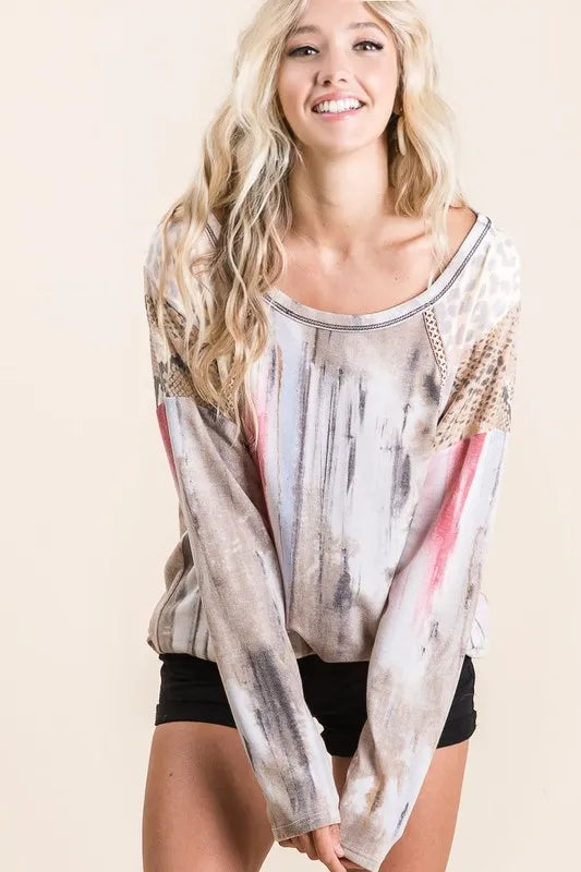 BiBi Knit Tops BiBi Tie Dye Knit Top with Print Block Shoulder