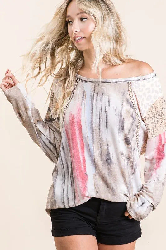 BiBi Knit Tops BiBi Tie Dye Knit Top with Print Block Shoulder