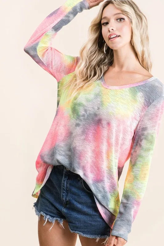 BiBi Knit Tops BiBi Tie Dye Print Low Gauge Knit Top