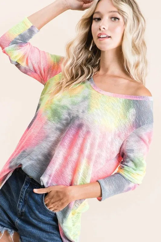 BiBi Knit Tops BiBi Tie Dye Print Low Gauge Knit Top