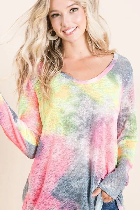 BiBi Knit Tops BiBi Tie Dye Print Low Gauge Knit Top