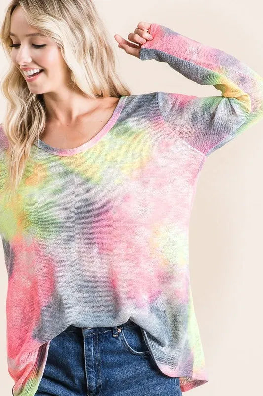 BiBi Knit Tops BiBi Tie Dye Print Low Gauge Knit Top