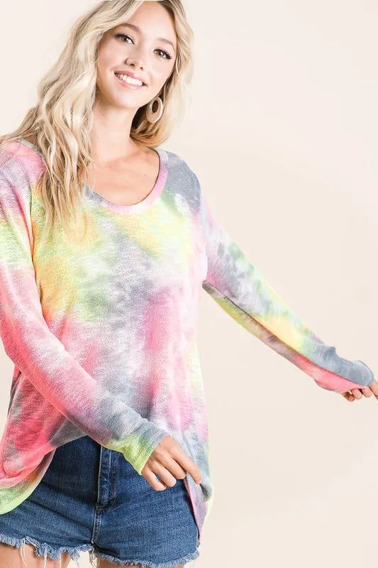 BiBi Knit Tops BiBi Tie Dye Print Low Gauge Knit Top