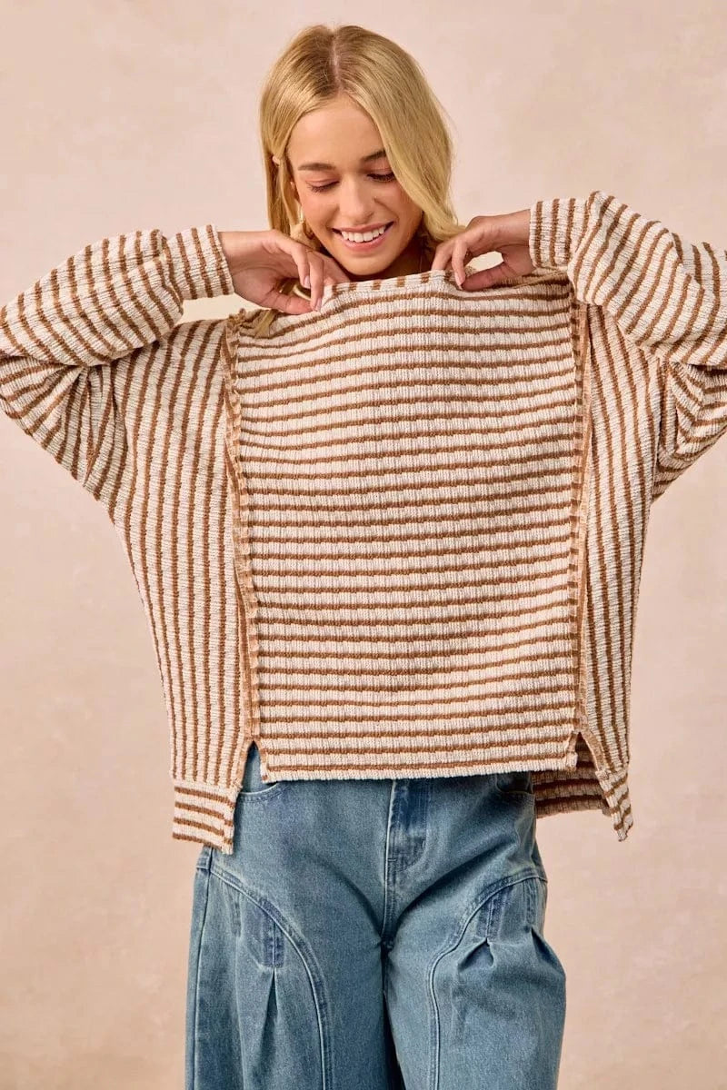 BiBi Knit Tops CAMEL / S BiBi Open Seam Detail Textured Stripe Knit Top