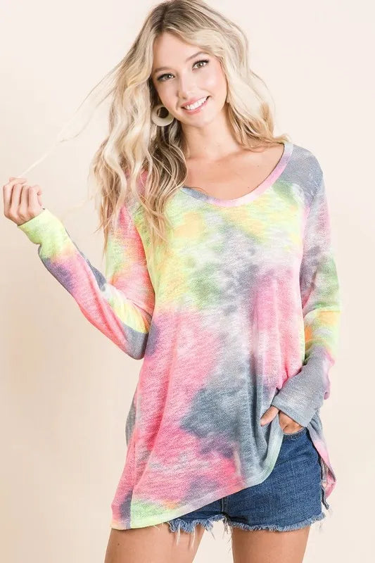 BiBi Knit Tops NEON PINK/GREY / S BiBi Tie Dye Print Low Gauge Knit Top
