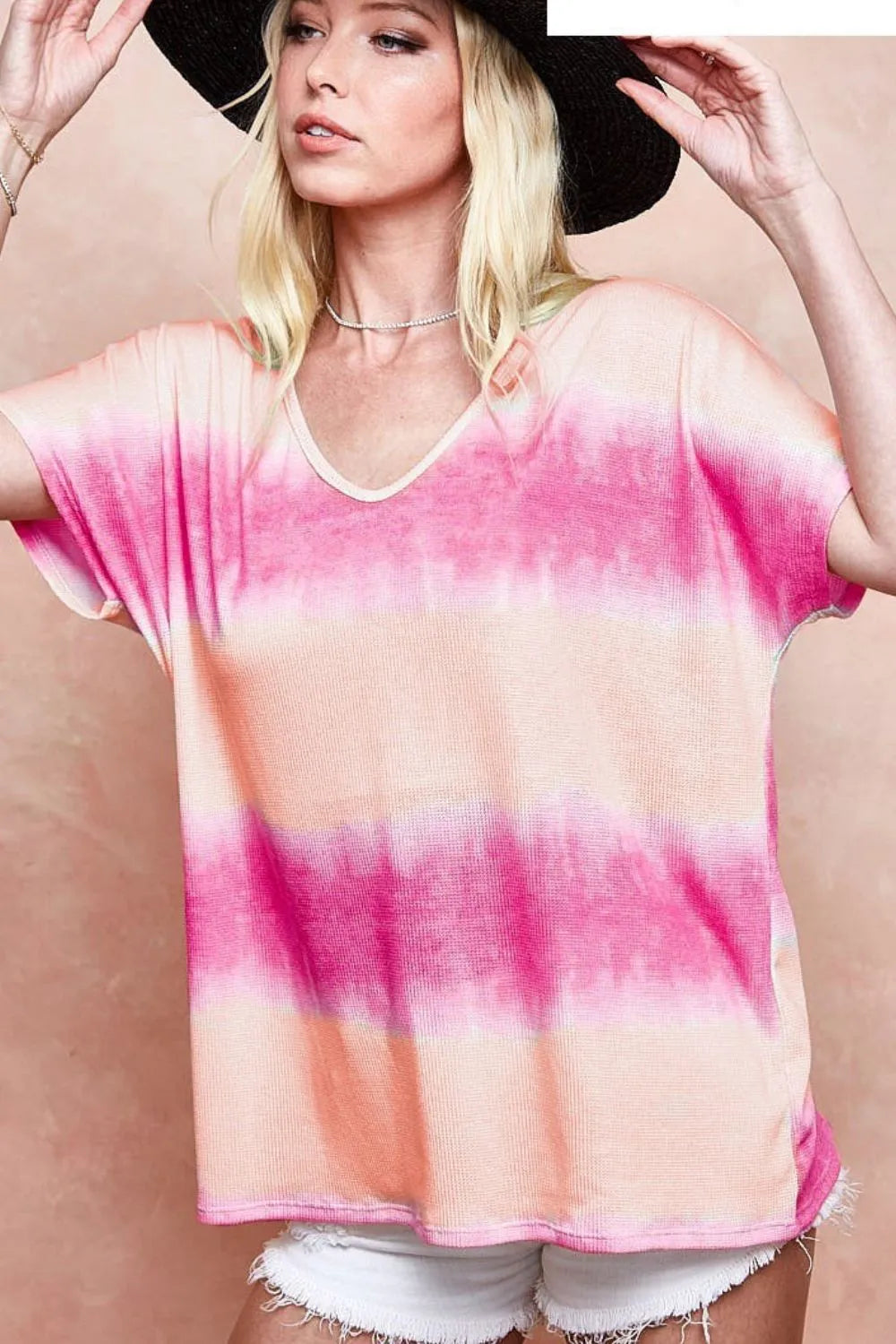 BiBi Knit Tops PEACH/FUCHSIA / S BiBi Tiedye Printed Hacci Knit Top