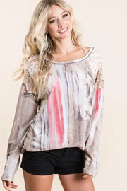 BiBi Knit Tops TAUPE/VINTAGE RED / S BiBi Tie Dye Knit Top with Print Block Shoulder