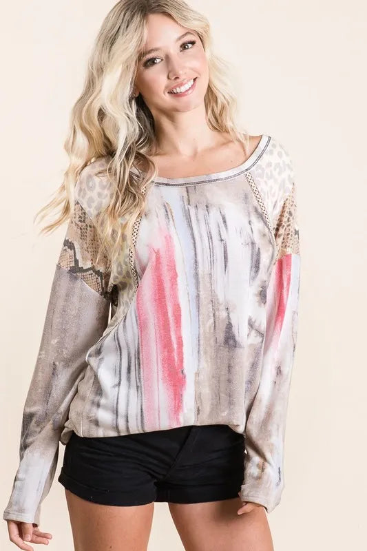 BiBi Knit Tops TAUPE/VINTAGE RED / S BiBi Tie Dye Knit Top with Print Block Shoulder