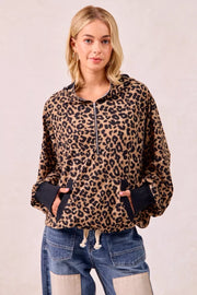 BiBi LEOPARD / S BiBi Leopard Print Waffle Half Zip Up Hoodie W Pocket