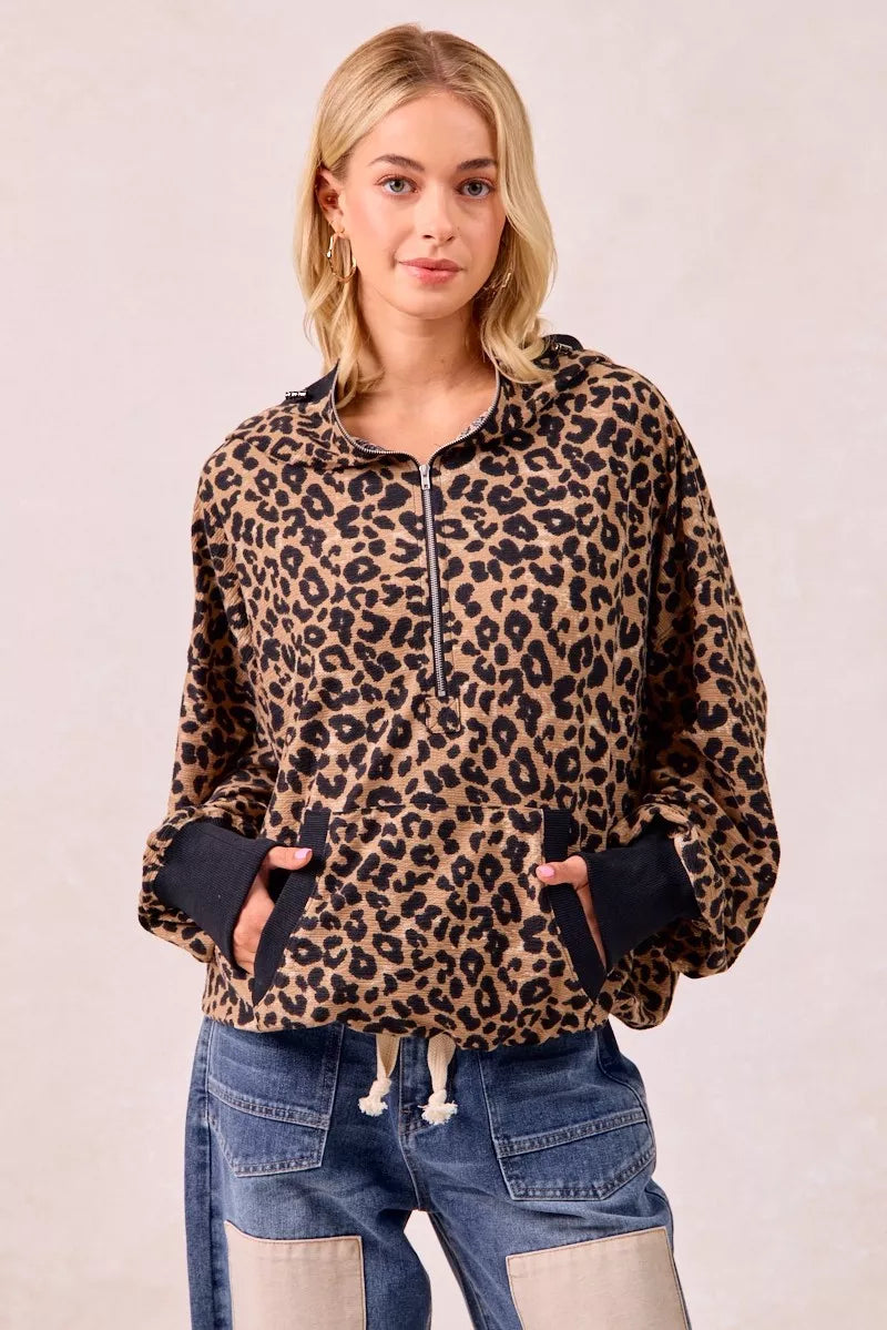 BiBi LEOPARD / S BiBi Leopard Print Waffle Half Zip Up Hoodie W Pocket