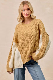 BiBi LT MUSTARD/IVORY / S BiBi Cable Knit With Hacci Combo Sweater With Uneven Hem Detail