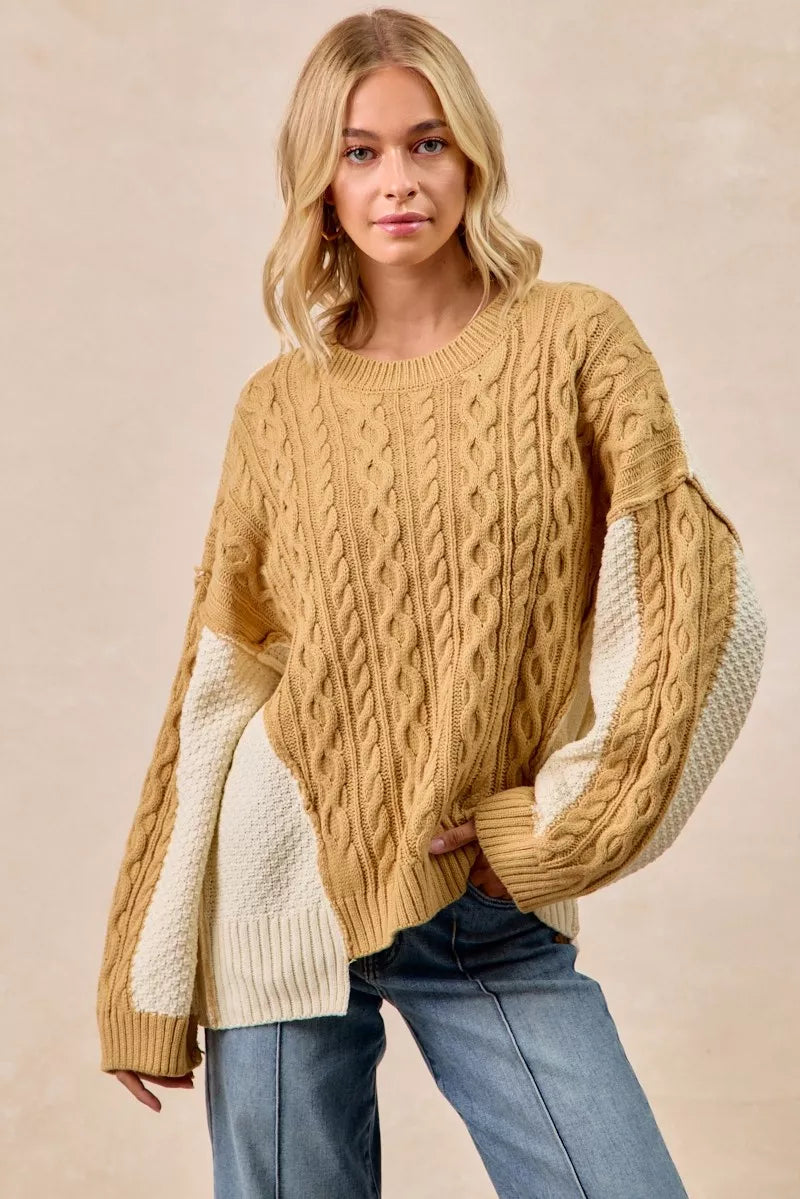 BiBi LT MUSTARD/IVORY / S BiBi Cable Knit With Hacci Combo Sweater With Uneven Hem Detail