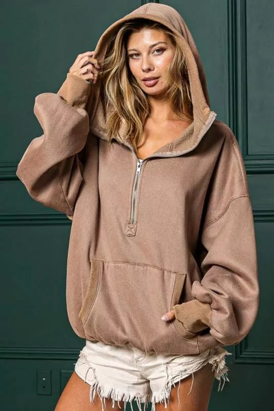 BiBi MOCHA / S BiBi Stitch Detailed Elastic Hem Half Zip Fleece Hoodie