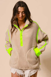 BiBi OATMEAL/NEON GREEN / S BiBi Contrast Edge Half Zip Up Sherpa Jacket
