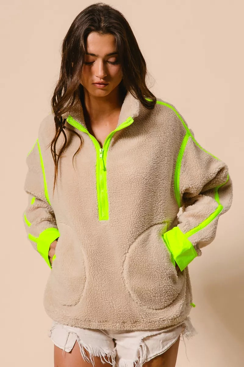 BiBi OATMEAL/NEON GREEN / S BiBi Contrast Edge Half Zip Up Sherpa Jacket