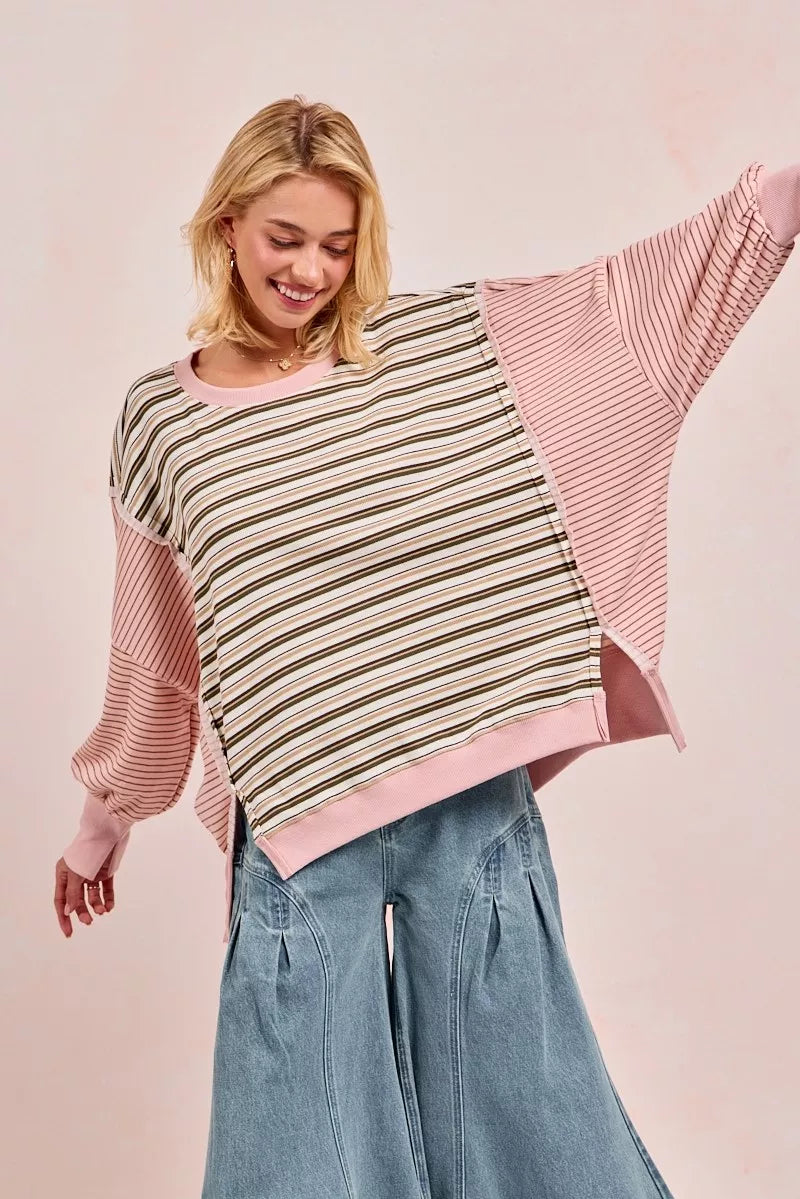 BiBi OATMEAL/PINK / S BiBi Stripe Mixed Top With Cut Edge And Reverse Outseam