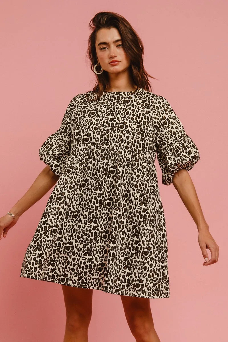 BiBi OFF WHITE LEOPARD / S BiBi Leopard Denim Dress With Back Contrast Tie Detail