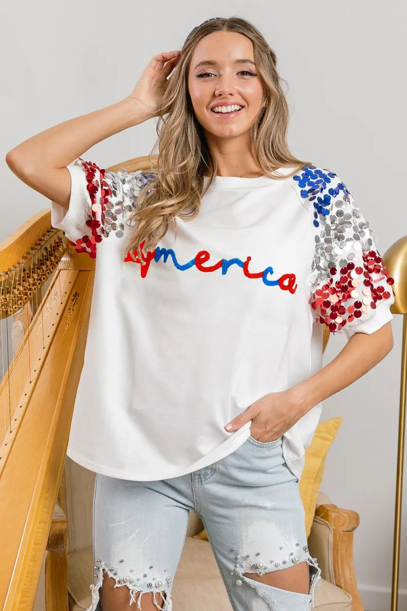 BiBi OFF WHITE / S BiBi America Letter Applique Spangle Puff Sleeves Top