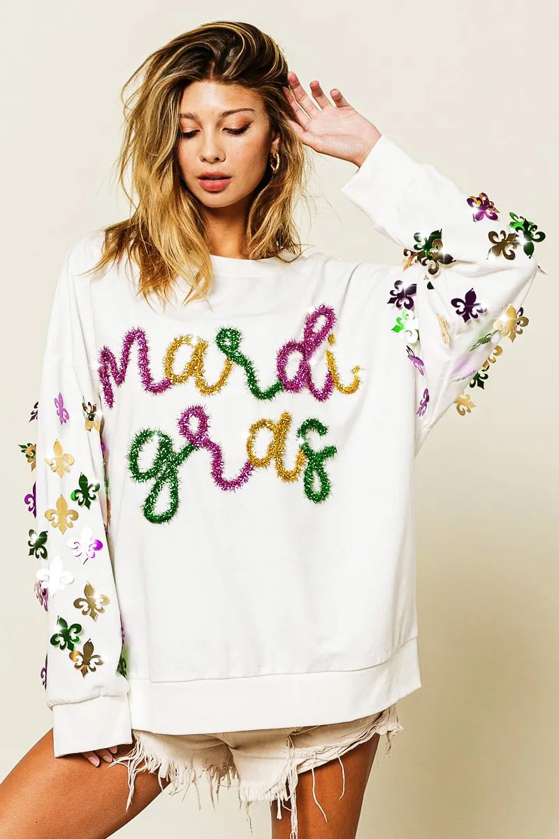 BiBi OFF WHITE / S BiBi Fleur De Lis Sleeve Mardi Gras Pullover