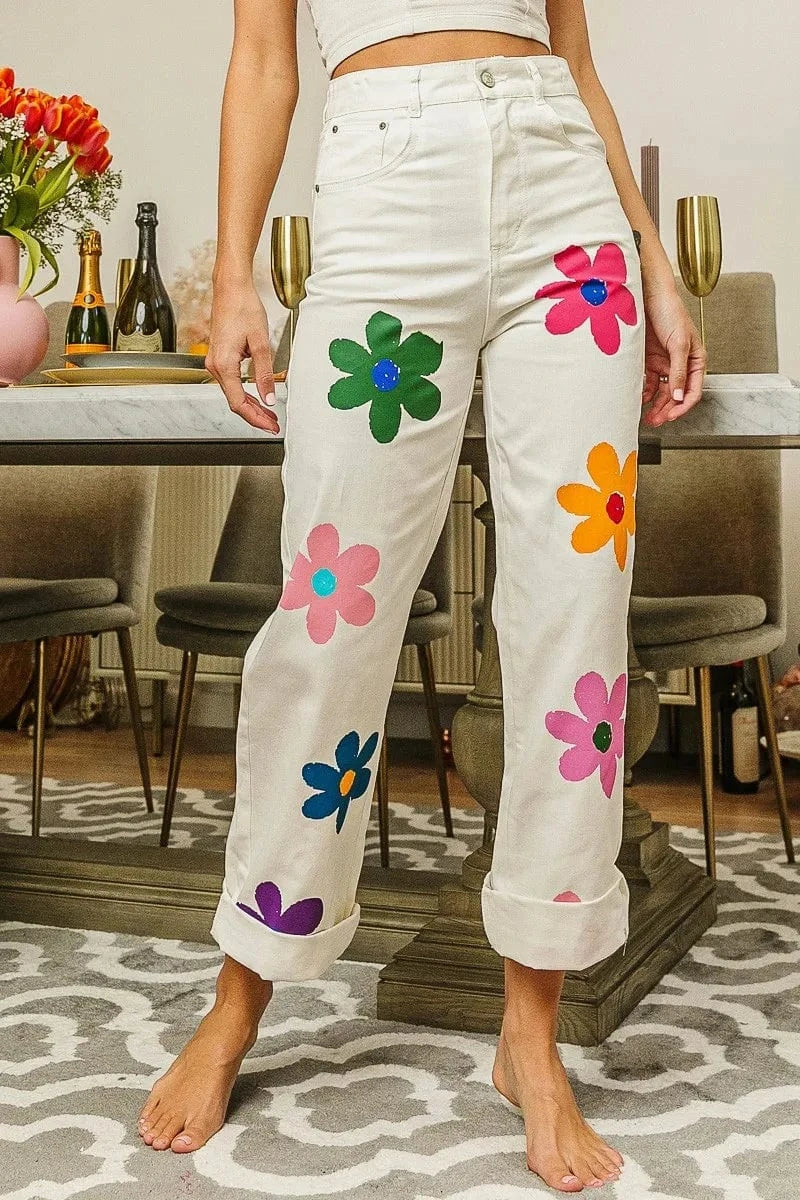 BiBi OFF WHITE / S BiBi Flower Print Straight Legs Pants