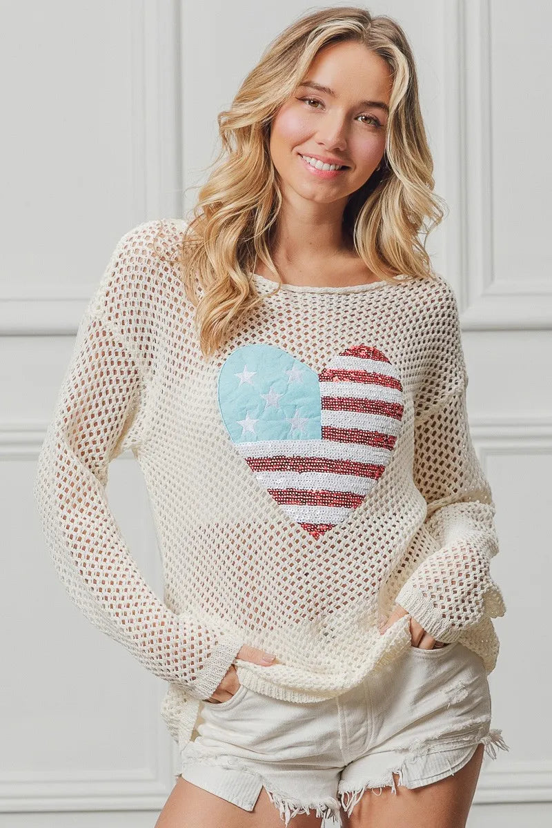 BiBi OFF WHITE / S BiBi Sequin American Flag Heart Knit Up